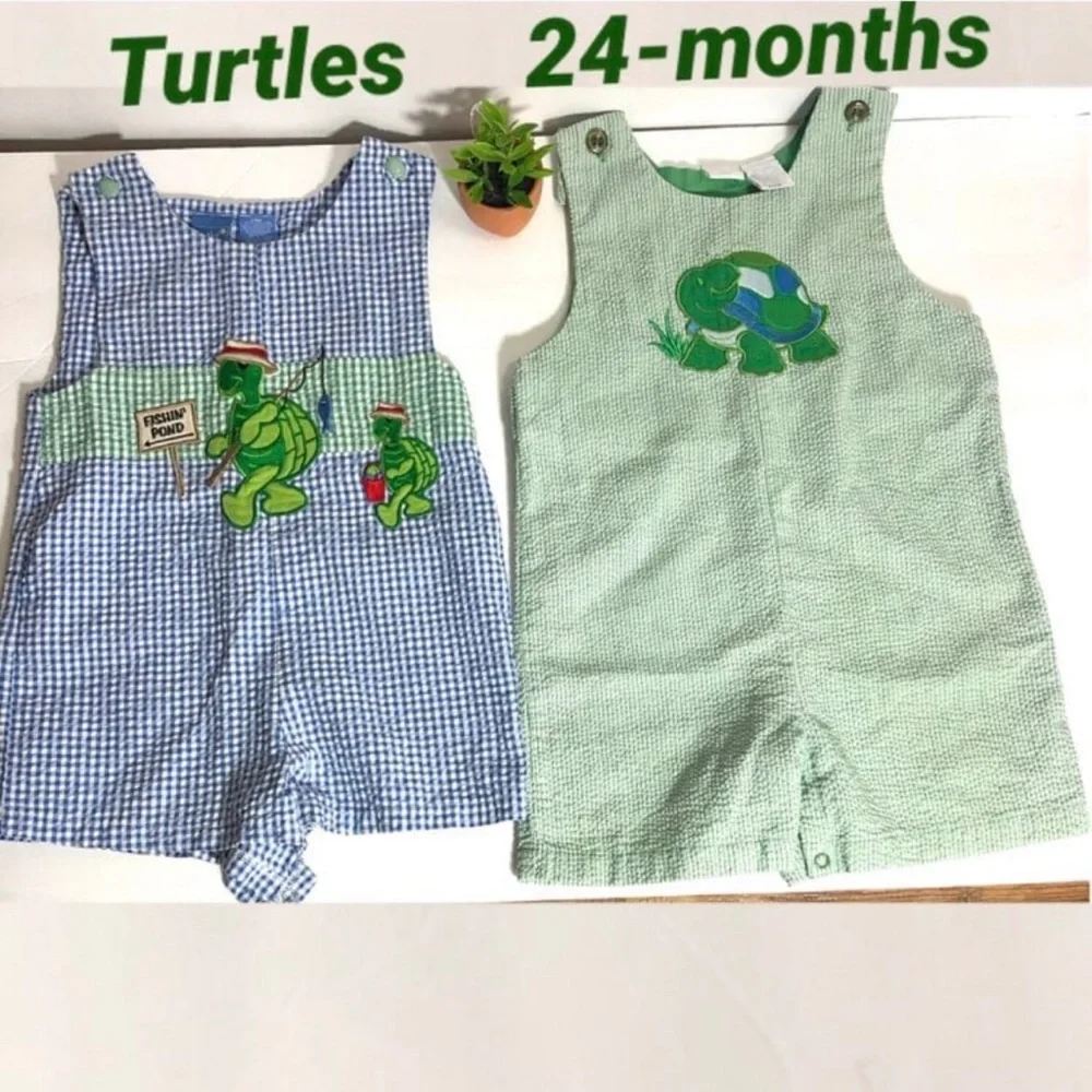 Bundle of 2 Turtle appliqué Rompers Gingham stripe novelty 24M summer pr…